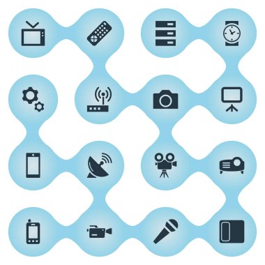 Vektör çizim basit dijital simgeler kümesi. Öğeleri projektör, anahtar, saat ve diğer eş uydu, kayıt ve görüntüleme.