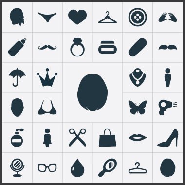 Vektör çizim basit Glamour simgeler kümesi. Öğeleri Brasserie, Blowdryer, bıyık ve diğer eş anlamlı gözlük kelebek ve damla.