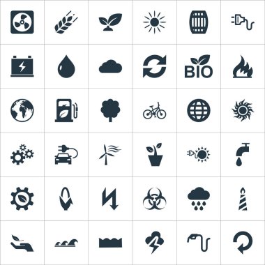 Vektör çizim basit yeşil simgeler kümesi. Öğeleri şafak, Houseplant, yangın balmumu ve diğer eş anlamlı ışığı yel değirmeni ve bulut.