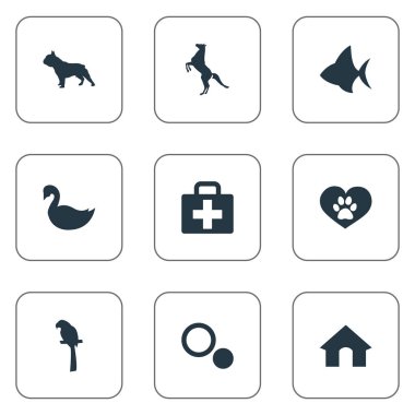 Vektör çizim basit Hayvanat Bahçesi simgeler kümesi. Öğeleri köpek kulübesi, yaban hayatı, İngilizce safkan ve diğer eş anlamlı kuş Bulldog ve deniz ürünleri.