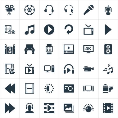 Vektör çizim basit Multimedya simgeler kümesi. Öğeleri kulaklık, ev sineması, Reel ve diğer eş anlamlı yönetmelik Crotchets ve parlaklık.