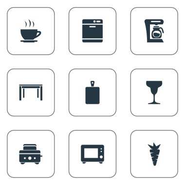 Vektör çizim basit Gastronomi Simgeler kümesi. Öğeleri bardağı, Dishware çamaşır makinesi, fırın ve diğer eş anlamlı tost makinesi, organik ve ekmek fırınları için.