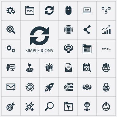 Vektör çizim basit arama simgeler kümesi. Öğeleri güç düğmesi, personel, ayarı ve diğer eş anlamlılar Arama Kavşağı ve Web.