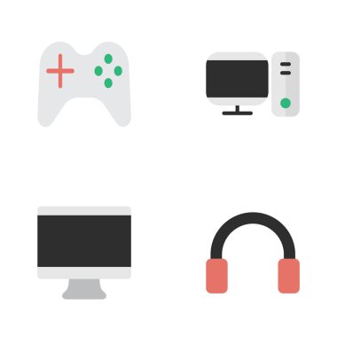 Vektör çizim basit araç simgeler kümesi. Öğeleri kulaklık, Gamepad, ekran ve diğer eş anlamlı Pc ekran ve Gamepad.