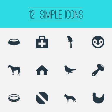 Vektör çizim basit Hayvanat Bahçesi simgeler kümesi. Öğeleri tavuk, evde beslenen hayvan plaka, ilk yardım ve diğer eş anlamlı Antarktika, gaga ve köpek.