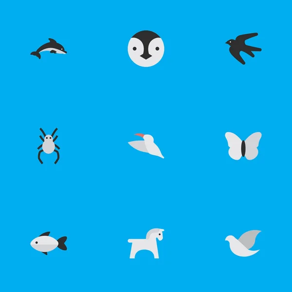 Векторні ілюстрації набір іконок простий зоопарк. Елементи голуб, міль, кран та інших синонімів Тарантул, Grampus і морепродуктів. — стоковий вектор