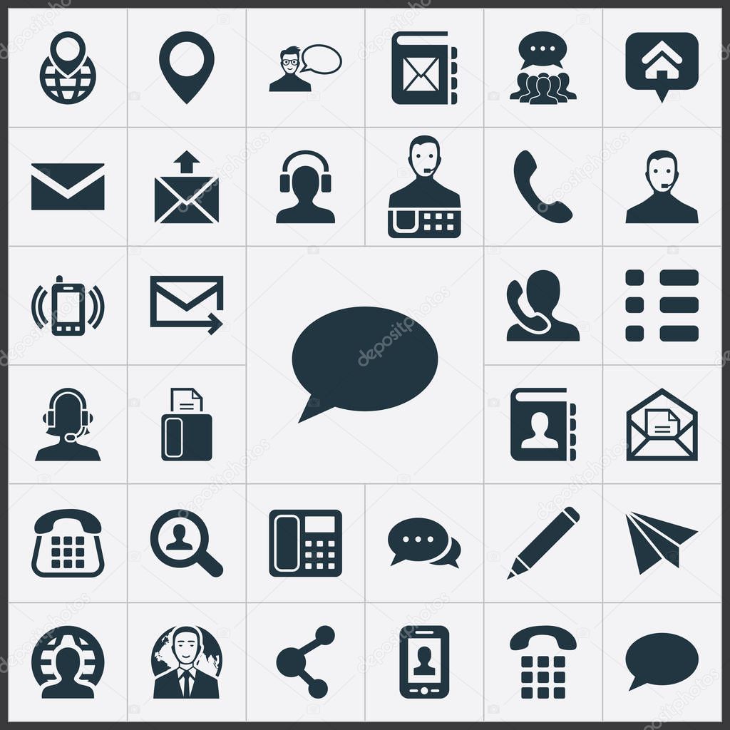 Vector Illustration Set Of Simple Connect Icons. Elements Telemarketing, Web, Telefax And Other Synonyms Search, Wish And Contact.