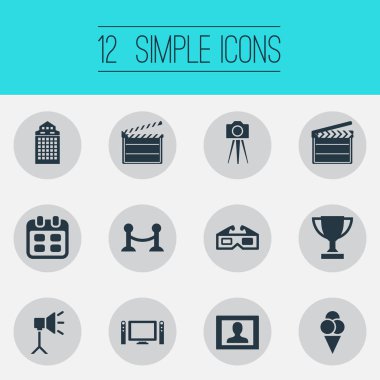Vektör çizim basit film simgeler kümesi. Öğeleri Tarih, sunum, eylem ve diğer eş anlamlı sinema, gözlük ve televizyon.