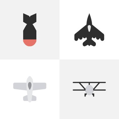 Vektör çizim basit uçak simgeler kümesi. Öğeleri roket, uçak, uçan araç ve diğer eş anlamlı roket uçak ve bomba.
