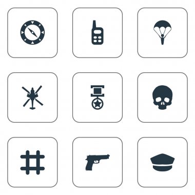 Vektör çizim basit muharebe simgeler kümesi. Öğeleri zehir, Pusula, şapka ve diğer eş anlamlı Ödülü, radyo ve kap.