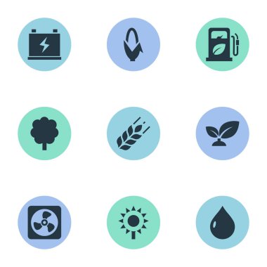 Vektör çizim basit enerji simgeler kümesi. Öğeleri çiçeği, orman, damlacık ve diğer eş anlamlı doğa, arpa ve buğday.