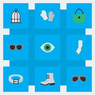 Vektör çizim basit araç simgeler kümesi. Öğeleri kadın çantası, kayış, gözlük ve diğer eş anlamlı göz, cezaevi ve çorap.