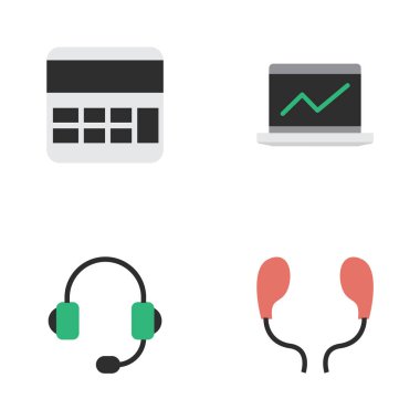 Vektör çizim basit araç simgeler kümesi. Muhasebe, öğeleri dizüstü bilgisayar, mikrofon ve diğer eş anlamlı istatistikler, kulaklık ve ekran.