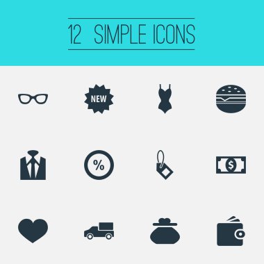 Vektör çizim basit satış simgeler kümesi. Öğeleri çanta, üniforma, etiket ve diğer eş anlamlı üniforma, Cem ve iç çamaşırı.