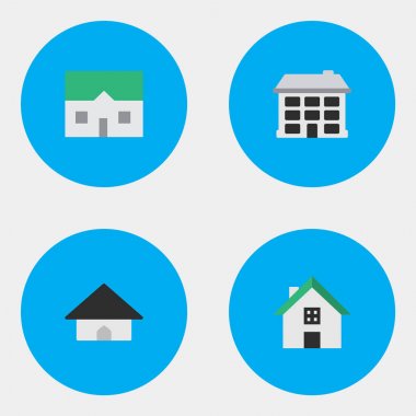 Vektör çizim basit özellik simgeler kümesi. Öğeleri House, yapısı, ev ve diğer eş anlamlı ev, Bina ve ev.