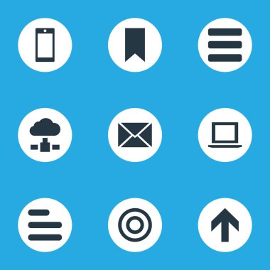 Vektör çizim basit Apps simgeler kümesi. Öğeleri Smartphone, yukarı doğru yönü, bayrak ve diğer eş anlamlı dizüstü bilgisayar ve yer işareti.