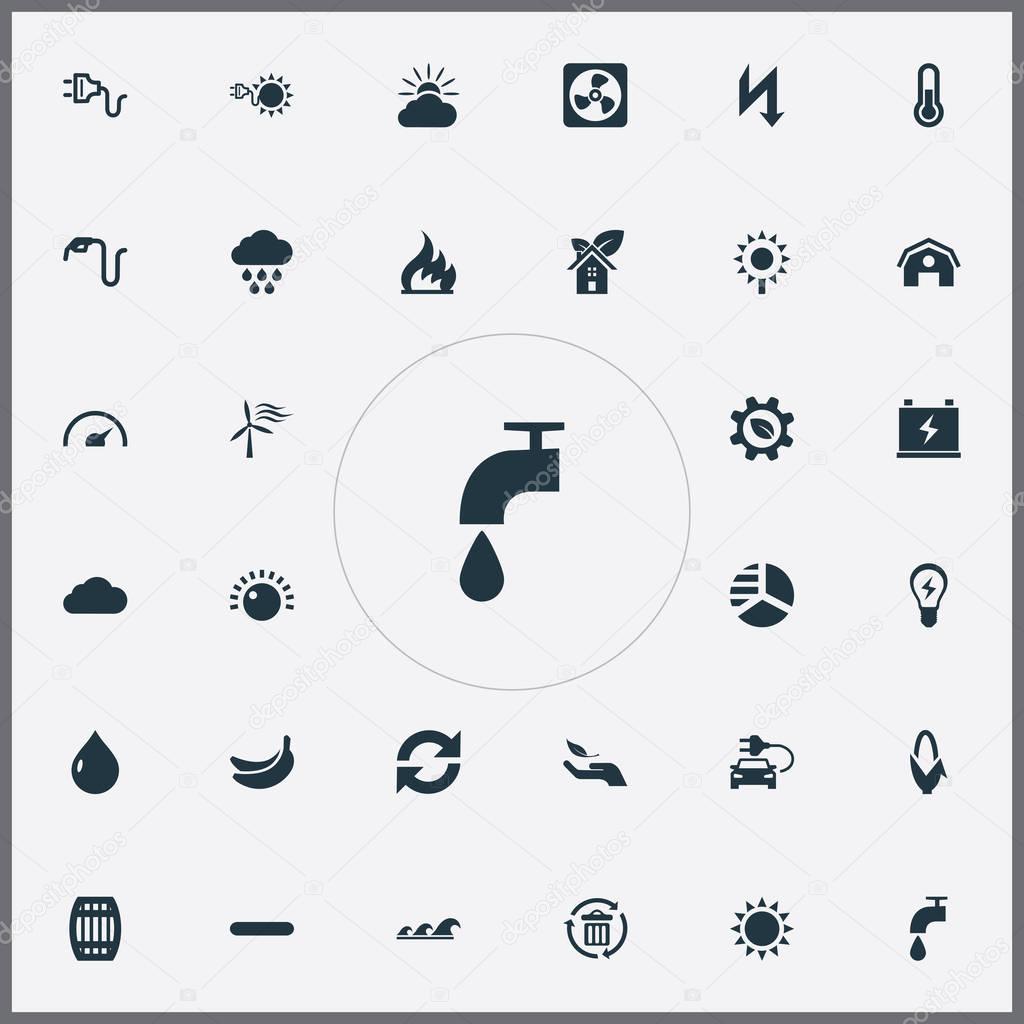 Vector Illustration Set Of Simple Green Icons. Elements Conservation, Weather, Innovation And Other Synonyms Electrical, Helianthus And Forecast.