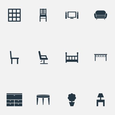 Vektör çizim basit mobilyalar simgeler kümesi. Öğeleri tesisi, büfe, sandalye ve diğer eş anlamlı yastık, çocuk ve soyunma.
