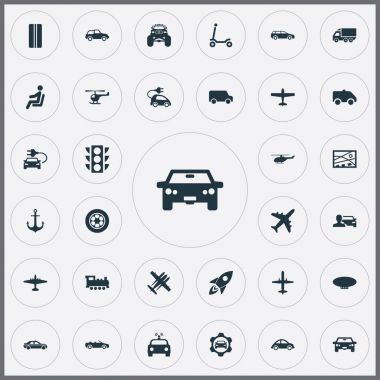 Vektör çizim basit ulaşım simgeler kümesi. Öğeleri Motor kamyon, Kent planı, uçak ve diğer eş anlamlı uçak trafik ışığı ve ambulans.