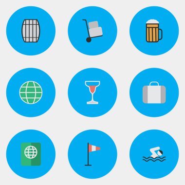 Vektör çizim basit tatil simgeler kümesi. Öğeleri bayrak, Havuzu, dünya ve diğer eş anlamlı varil, yüzme ve gezegen.