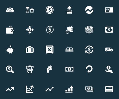 Vektör çizim basit Bill simgeler kümesi. Öğeleri yatırım, sikkeler kazık, zengin ve diğer eş arama, kaydetme ve dolar.