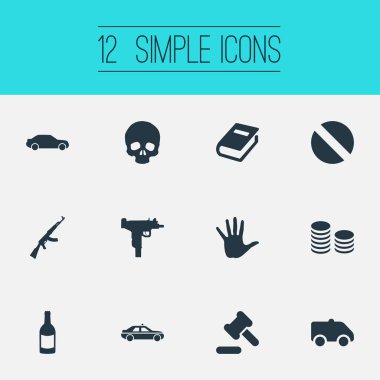 Vektör çizim basit suç simgeler kümesi. Öğeleri gönüllü, otomobil, nakit ve diğer eş gönüllü, belge ve nakit.