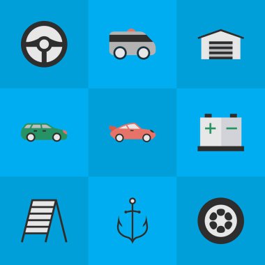 Vektör çizim basit ulaşım simgeler kümesi. Öğeleri Sedan, döken, akü ve diğer eş anlamlı şarj Coupe ve merdiven.