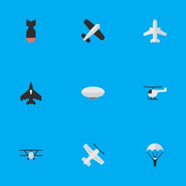 Vektör çizim basit uçak simgeler kümesi. Öğeleri uçak uçan araç, Havacılık ve diğer eş anlamlı helikopter, paraşüt ve uçak.