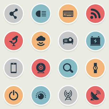 Vektör çizim basit Gadget simgeler kümesi. Öğeleri el saat, Büyüteç, Smartphone eşanlamlılar denetimi, saat ve Mikrobiyoloji.