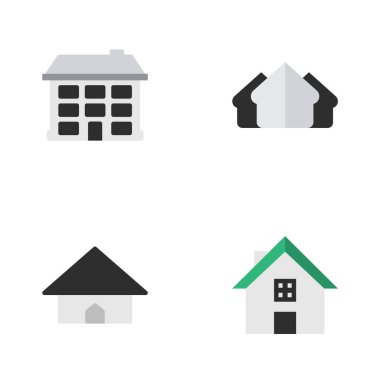Vektör çizim basit özellik simgeler kümesi. Öğeleri ev, Emlak, Bankası ve diğer eş anlamlı Emlak özellik ve gerçek.