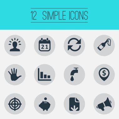 Vektör çizim basit durum simgeler kümesi. Öğeleri Atm noktası, rotasyon, megafon ve diğer eş anlamlı takvim, şampanya ve para.