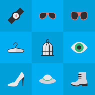 Vektör çizim basit aksesuarları simgeler kümesi. Öğeleri kadın kap, elbise kanca, topuk ve diğer eş anlamlı askı, çizme ve Aksesuar.