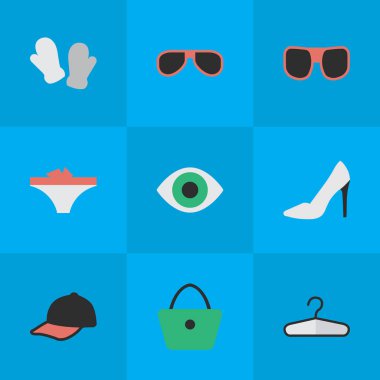 Vektör çizim basit araç simgeler kümesi. Öğeleri Mitten, iç çamaşırı, elbise kanca ve diğer eş anlamlı görünümü, iç giyim ve ayakkabı.