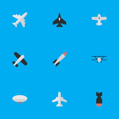Vektör çizim basit uçak simgeler kümesi. Öğeleri, araç uçan uçak, roka ve diğer eş bomba, roket ve uçak.