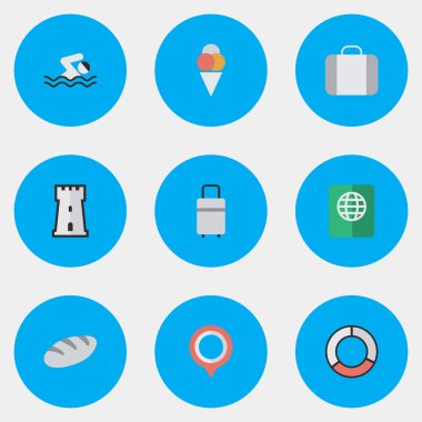 Vektör çizim Set basit simgeler sakin ol. Öğeleri Havuzu, kule, sertifika ve diğer eş anlamlı PIN, yüzme ve konumu.