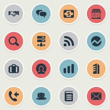 Vektör çizim basit ekip çalışması simgeler kümesi. Öğeleri Büyüteç, bilgi, mağaza ve diğer eş anlamlı inceleme, grafik ve röportaj.