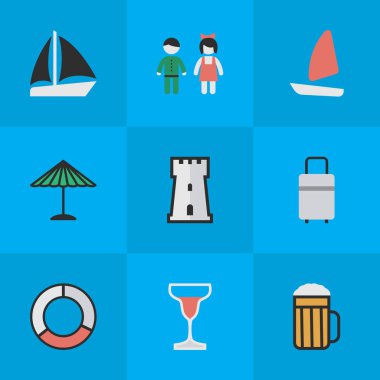 Vektör çizim basit tatil simgeler kümesi. Öğeleri şarap, Bagaj, tekne ve diğer eş gemi, alkol ve şemsiye.