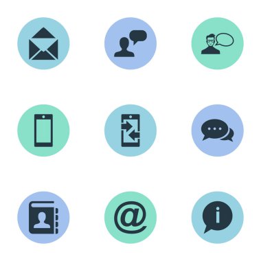 Vektör çizim basit iletişim simgeler kümesi. Öğeleri diyalog, monitör, konuşma ve diğer eş anlamlı adresi diyalog ve Smartphone.