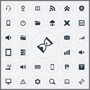 Vektör çizim basit bir teknoloji simgeler kümesi. Öğeleri Modem, buton, telefon ve diğer eş seçin, kablosuz ve düğme.