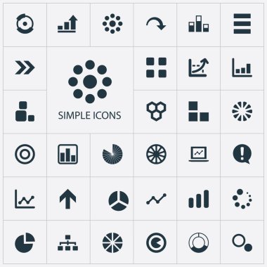 Vektör çizim basit grafik simgeler kümesi. Öğeleri görev, pasta Bar, yükleme ve diğer eş anlamlı artış, ilerleme ve kompozisyon.
