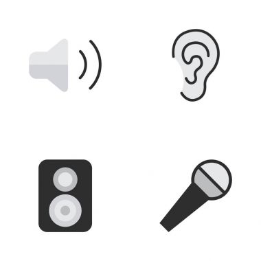 Vektör çizim basit ses simgeler kümesi. Öğeleri Mike, hoparlör, ses gücü ve diğer eş anlamlı müzik, kontrol ve duymak.