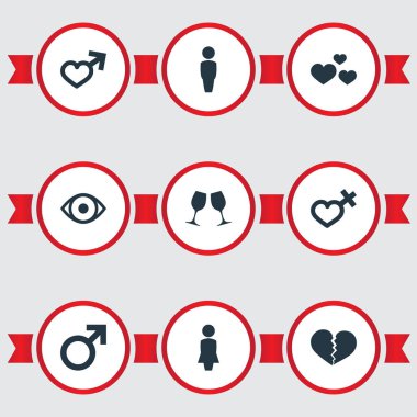 Vektör çizim basit Çift simgeler kümesi. Öğeleri göz, erkek, kalp ve diğer eş anlamlı adam bardağı ve nişan.