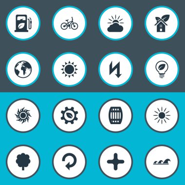 Vektör çizim basit yeşil simgeler kümesi. Öğeleri geri dönüşüm, biyolojik mühendislik, Rush ve diğer eş güneş, çapraz ve teknoloji.