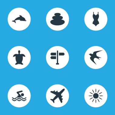 Vektör çizim basit Beach simgeler kümesi. Adam, uçak, Bikini ve diğer eş anlamlı erkek Yüzme öğeleri martı ve Beachwear.