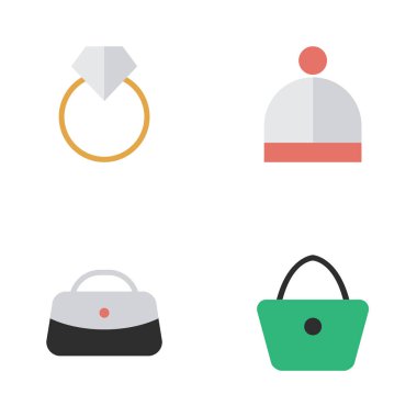 Vektör çizim basit aksesuarları simgeler kümesi. Öğeleri nişan, kadın çantası, yün aşınma ve diğer eş anlamlı nişan, şapka ve çanta.