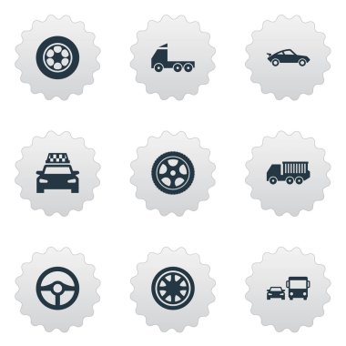 Vektör çizim basit araba simgeler kümesi. Öğelerin halka şeklinde, çoğaltmaları, eski stil ve diğer eş anlamlı lastik yarış ve kareli.