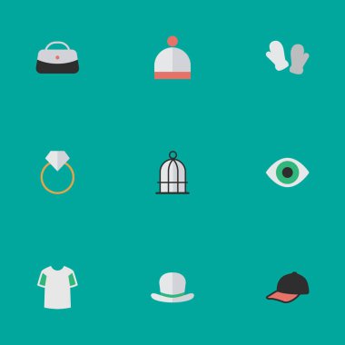 Vektör çizim basit aksesuarları simgeler kümesi. Öğeleri el çantası, başlıklar, kuş kafesi eş anlamlı kap, kış ve şapka.