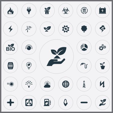 Vektör çizim basit bir güç simgeler kümesi. Öğeleri tak, eko ev, ampul ve diğer eş anlamlı güç, tahmin ve sera.