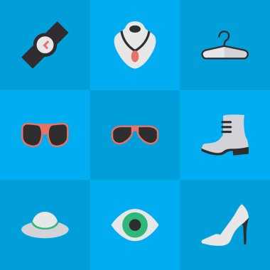 Vektör çizim basit araç simgeler kümesi. Öğeleri kol saati, elbise kanca, güneş gözlüğü ve diğer eş anlamlı vizyon gerdanlık ve gözlük.