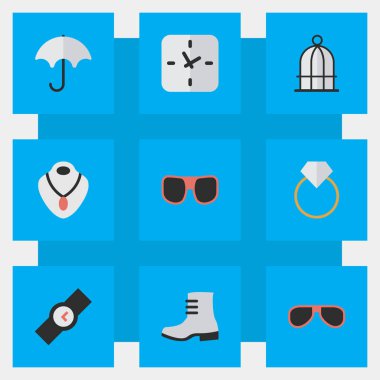 Vektör çizim basit araç simgeler kümesi. Öğeleri takı, göz Aksesuar, kol saati ve diğer eş saat, yağmur ve izle.